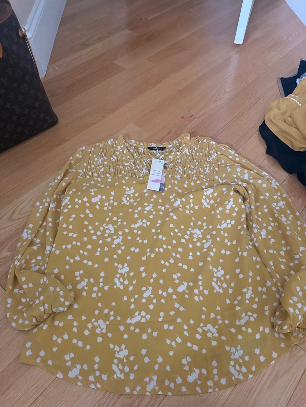 Amazon Women's Yellow Floral Smocked-Yoke Blouse